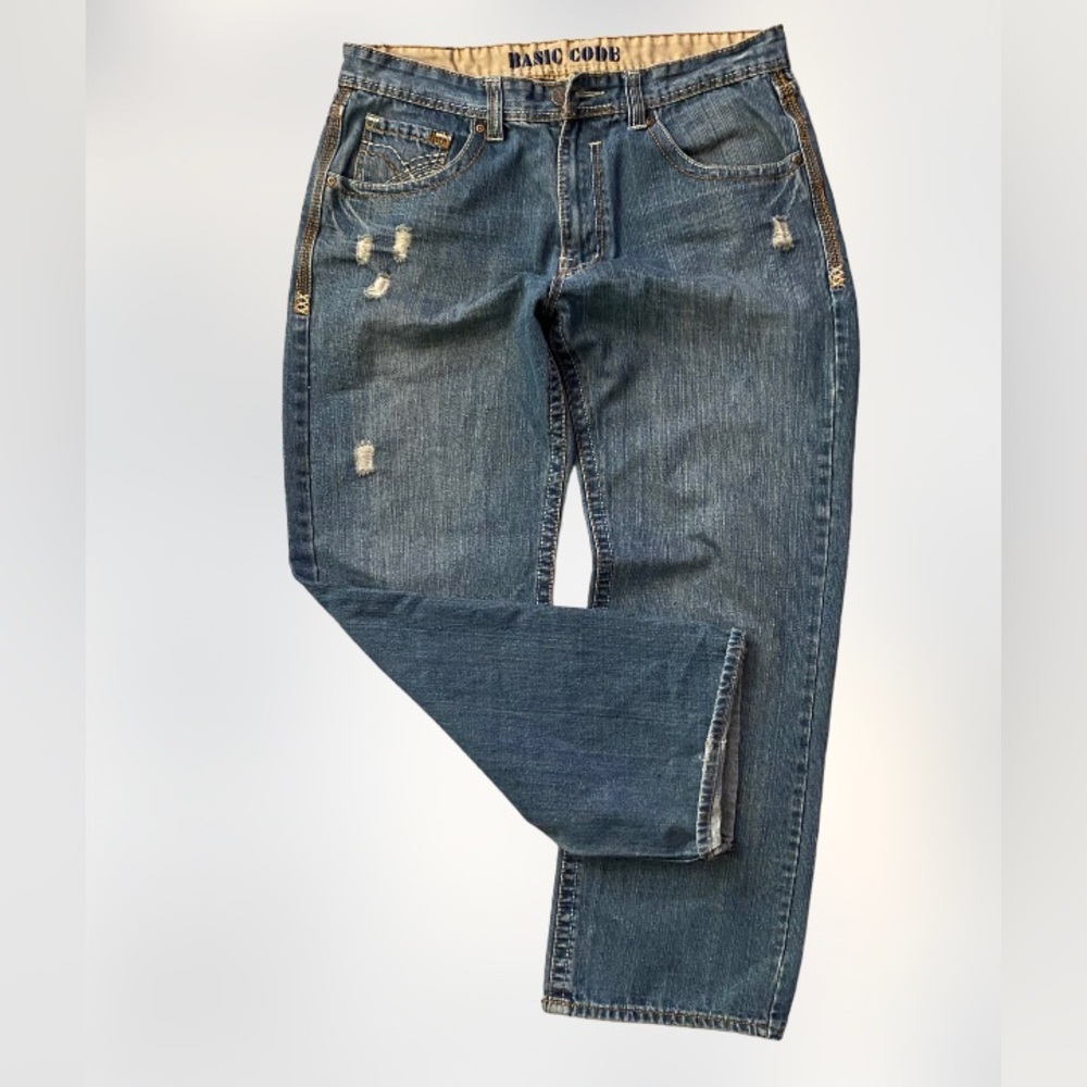 Vtg Y2k Basic Code Embroidered Baggy Distressed S… - image 1